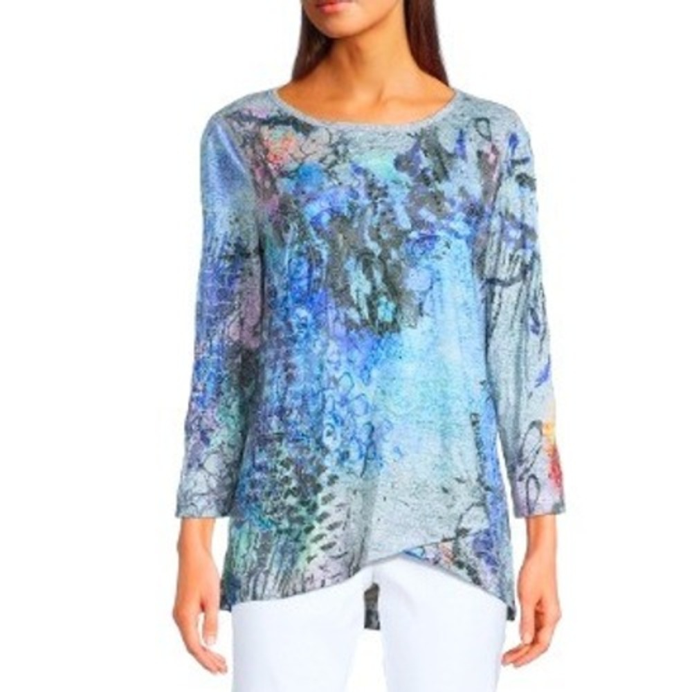 Ali Miles Blue Abstract Crinkle Studded Burnout Hi-Low Lagenlook Boho Tunic L